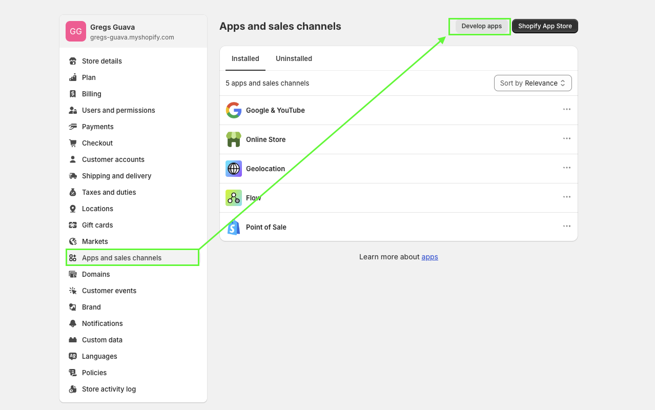 Develop apps in the Shopify Apps menu