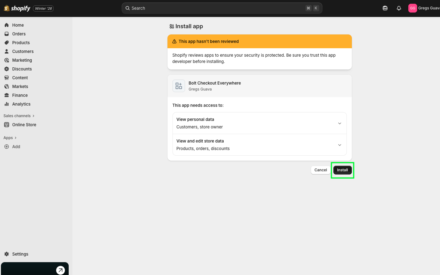 Install confirmation in the Shopify store admin