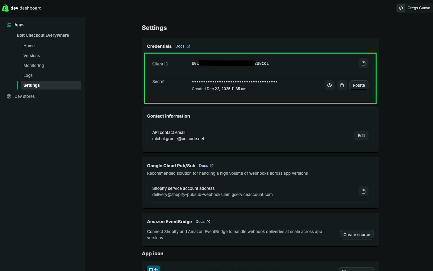 App Settings tab showing the Client ID and Client Secret