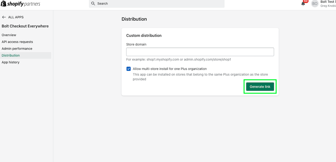 Store domain field and Generate link button