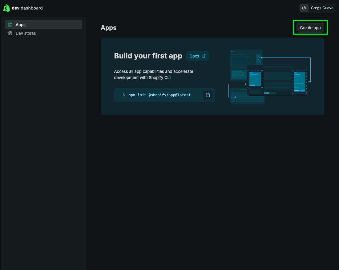 Create app in the Shopify Developer Dashboard