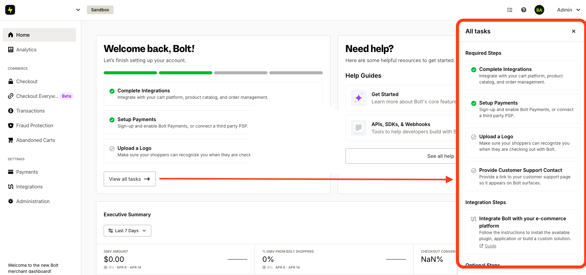 Dashboard setup tasks
