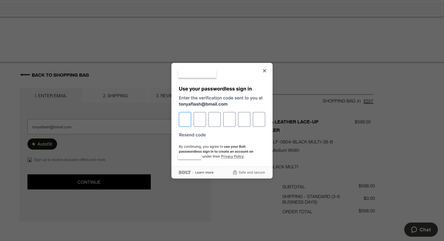 A recognized Bolt shopper can use saved details for one-click checkout.