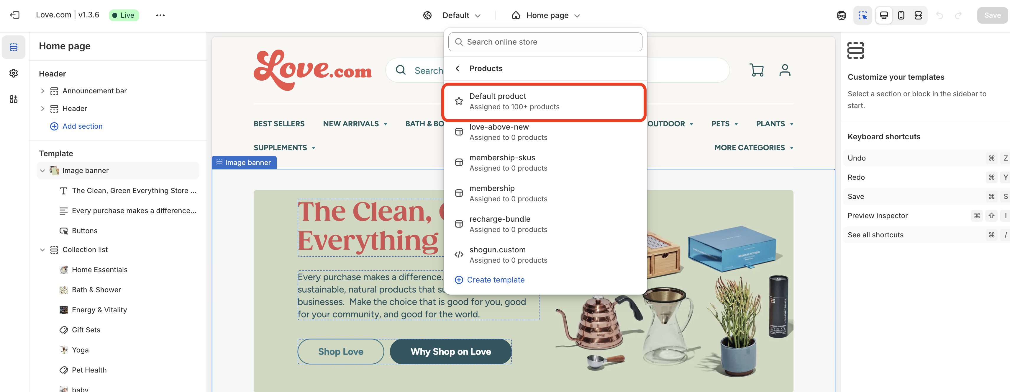 Product information section in the template tree