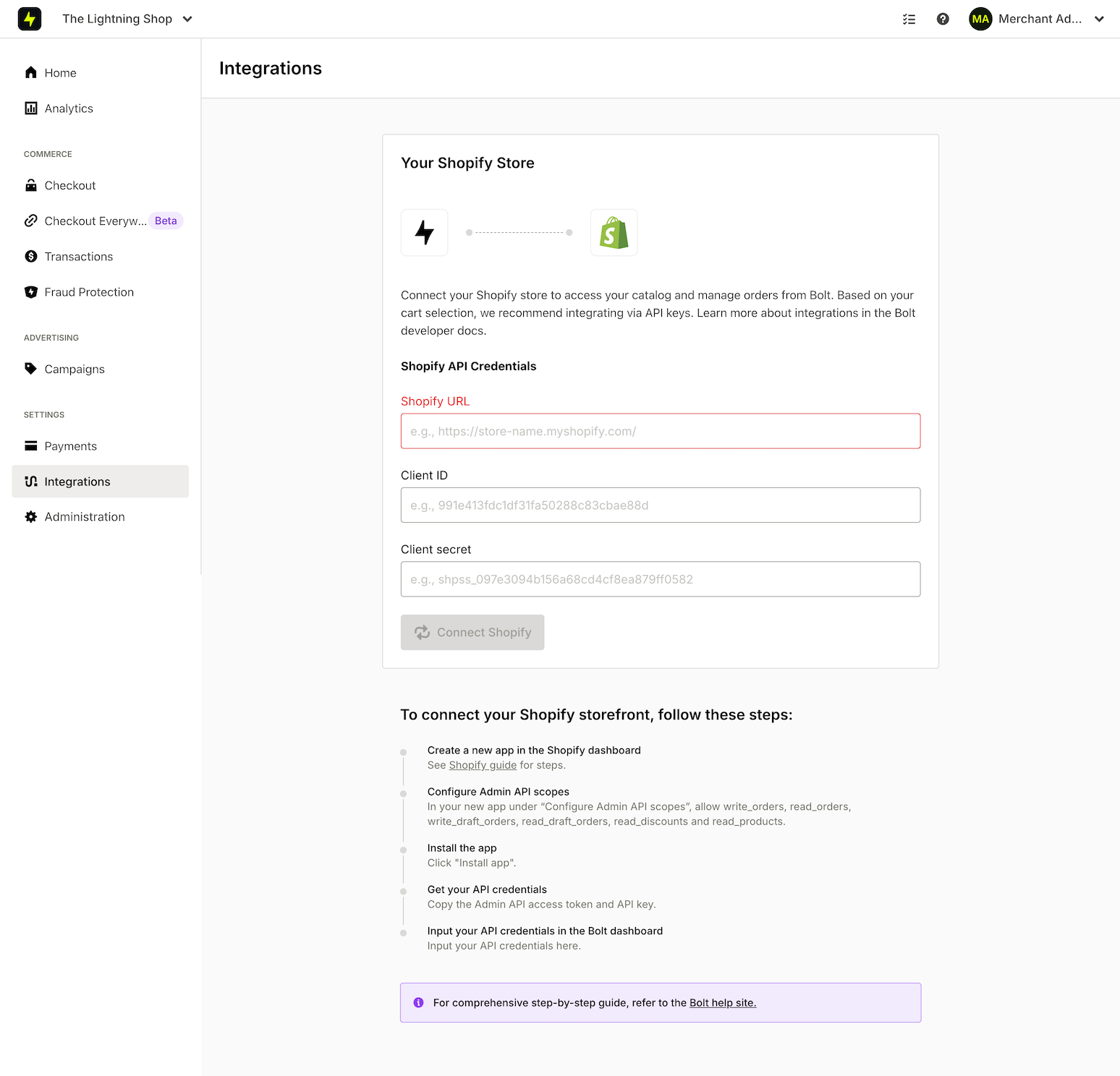 Shopify integration form in the Merchant Dashboard