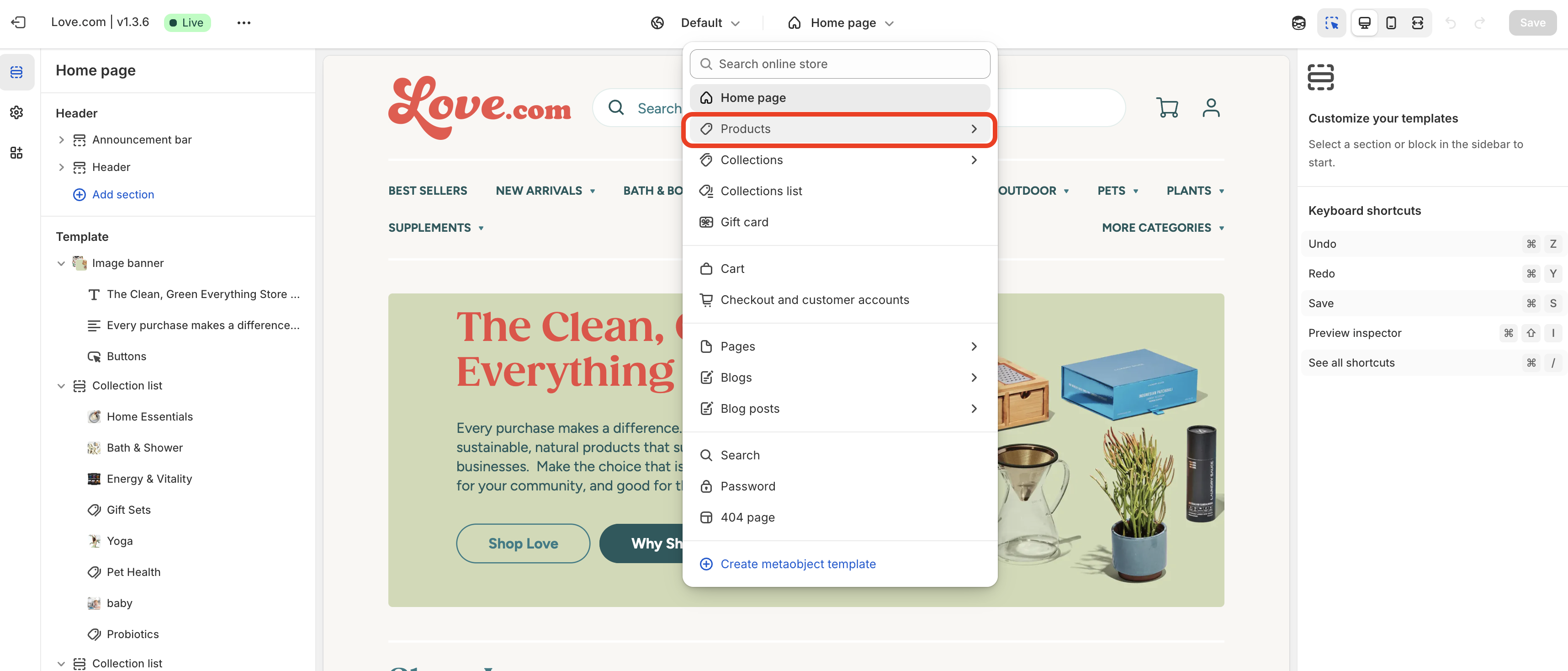 Default product template selection