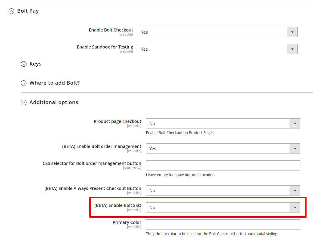 Disabling Bolt SSO in your M2 Admin Account.