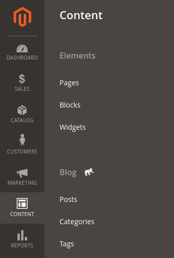 Magento 2 Admin Account navigation to widgets.