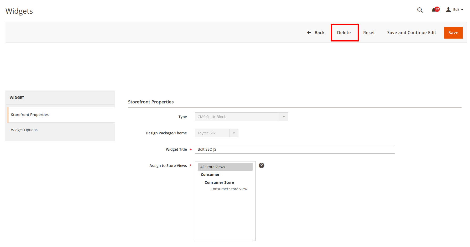 Deletion action in top menu.