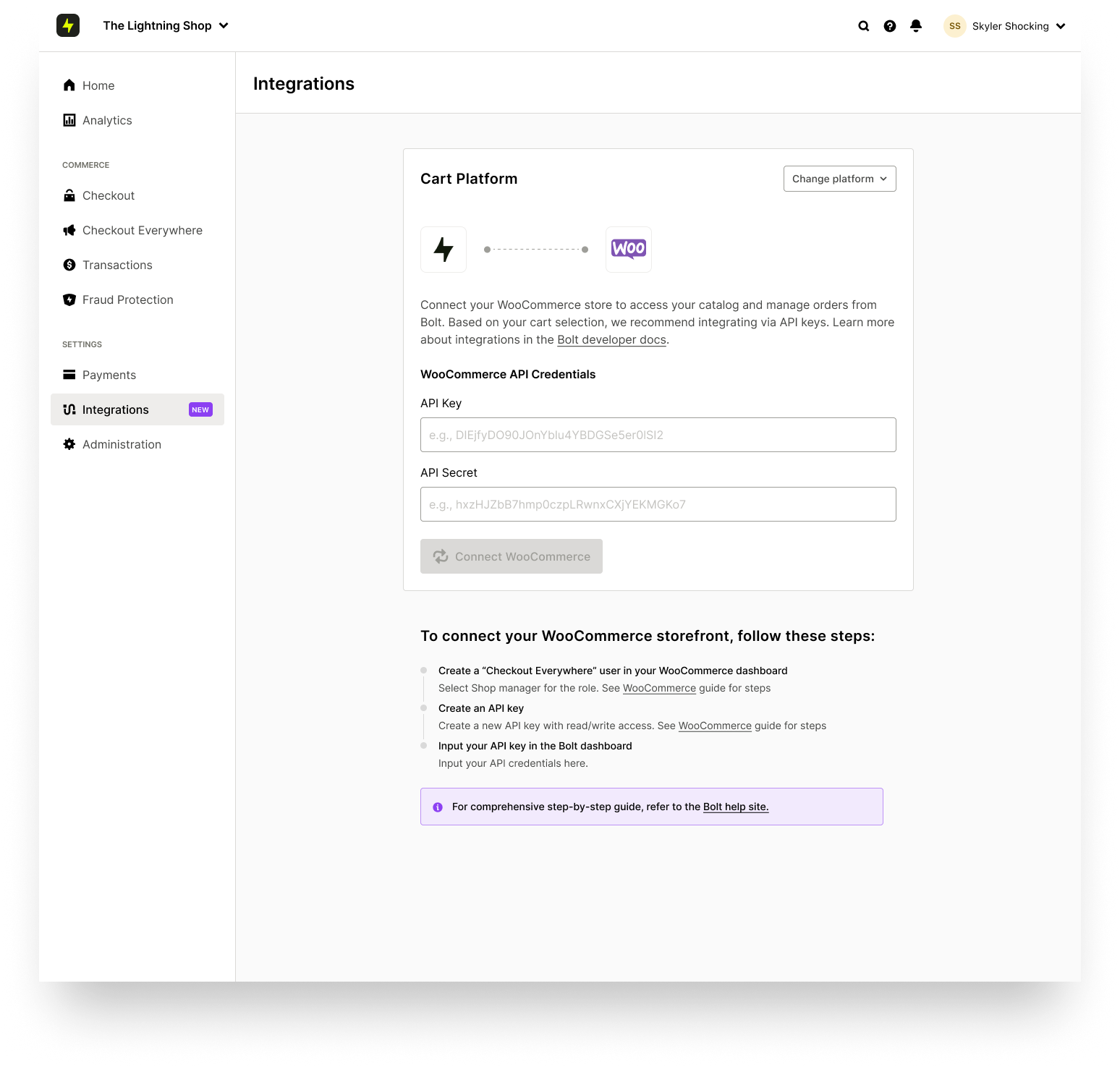 Bolt dashboard input page.