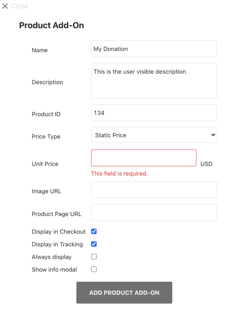 Product Add-on window