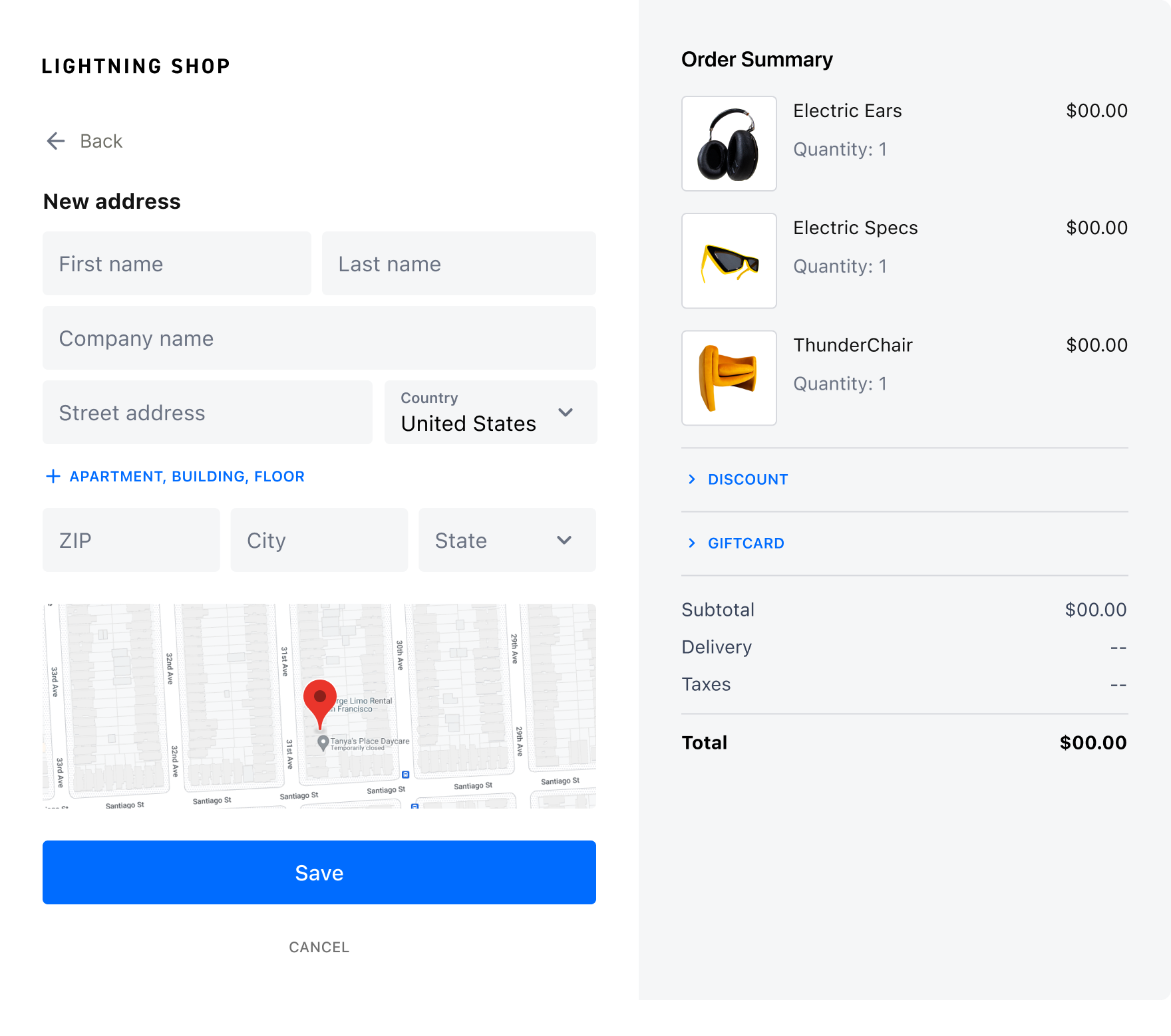 View of checkout showing an empty address and blank map in the desktop checkout modal.