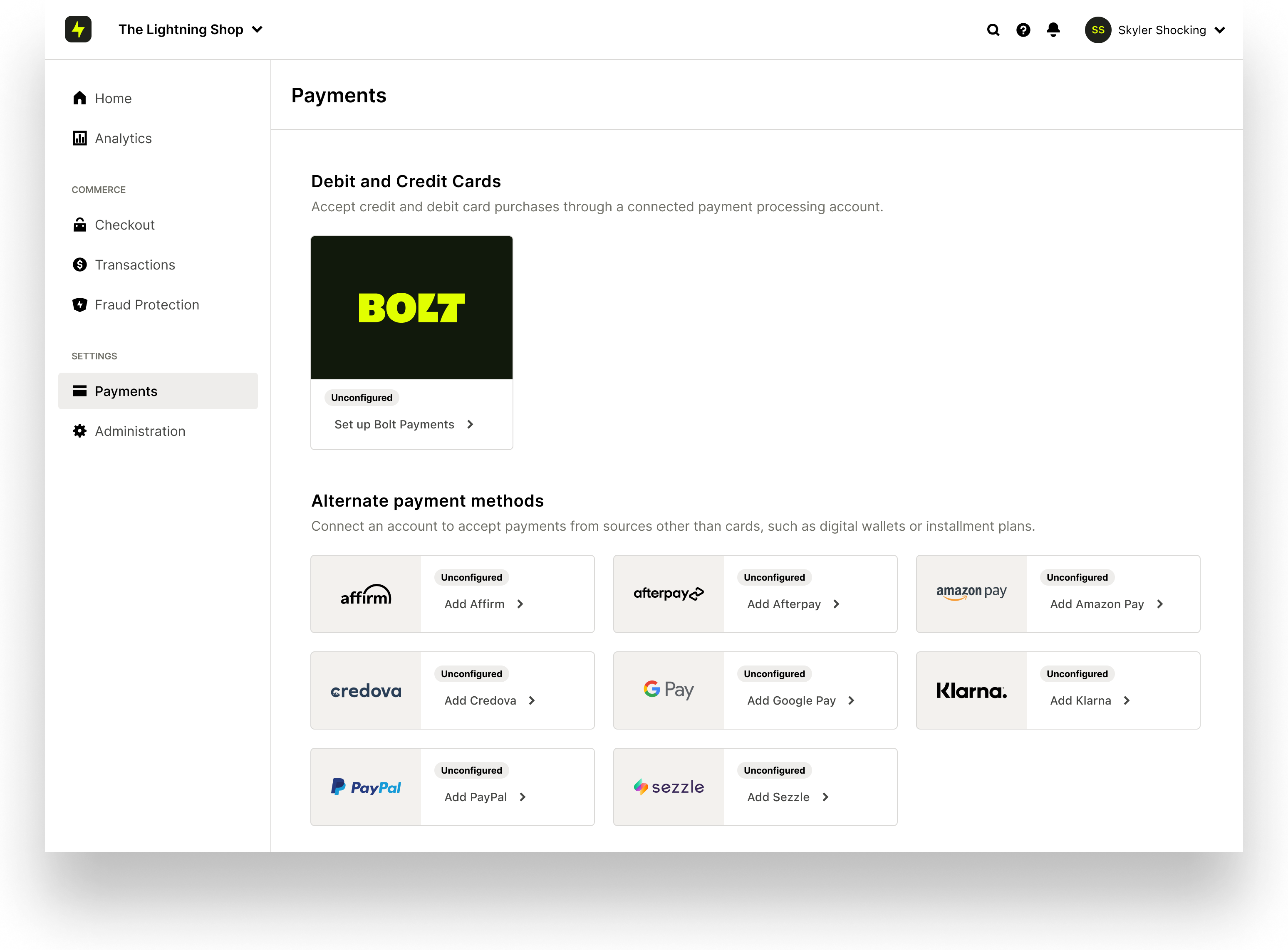 Available processors display in Payment Settings