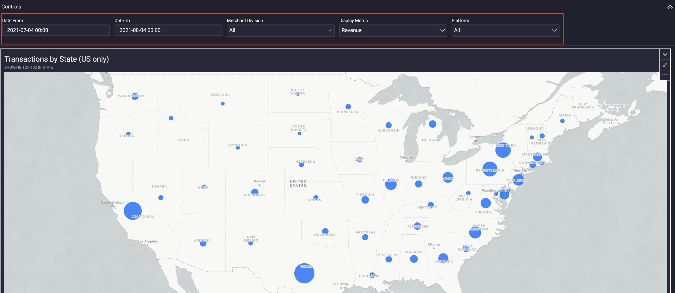 Heatmap of USA displaying transaction data